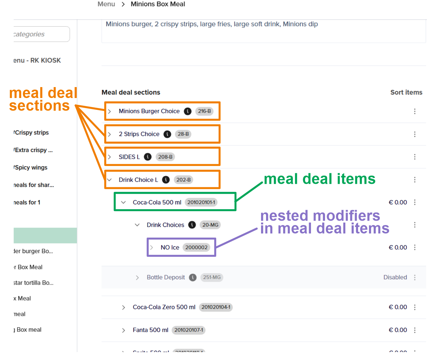 Nested modifiers in meal deal items — How you fill it out in Deliverect